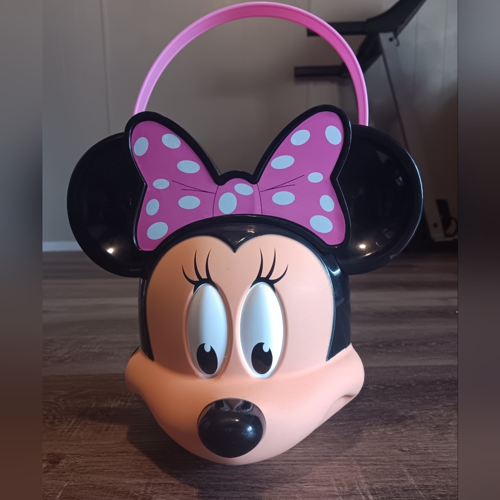 Disney Minnie Mouse Popcorn Bucket Pink Polka Dot Bow Head Pink Handle